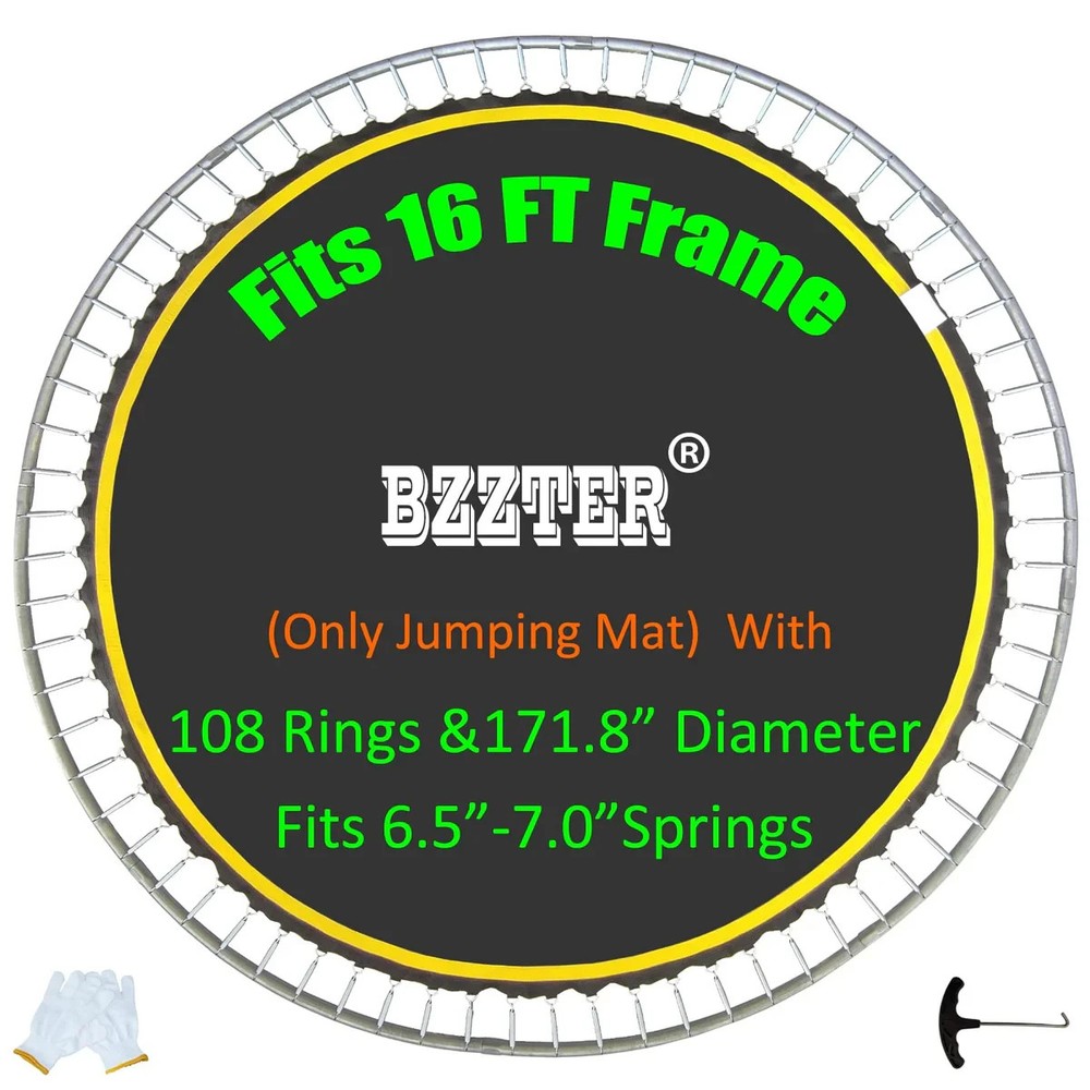 Bzzter 16FT Trampoline Replacement Mat 108 V-Rings w/ Pull Hook & Gloves Black