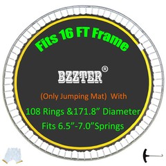 Bzzter 16FT Trampoline Replacement Mat 108 V-Rings w/ Pull Hook & Gloves Black