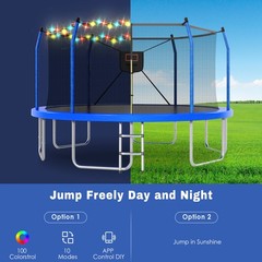 14ft Outdoor Trampoline with LED Lights and Basketball Hoop for Kids & Adults