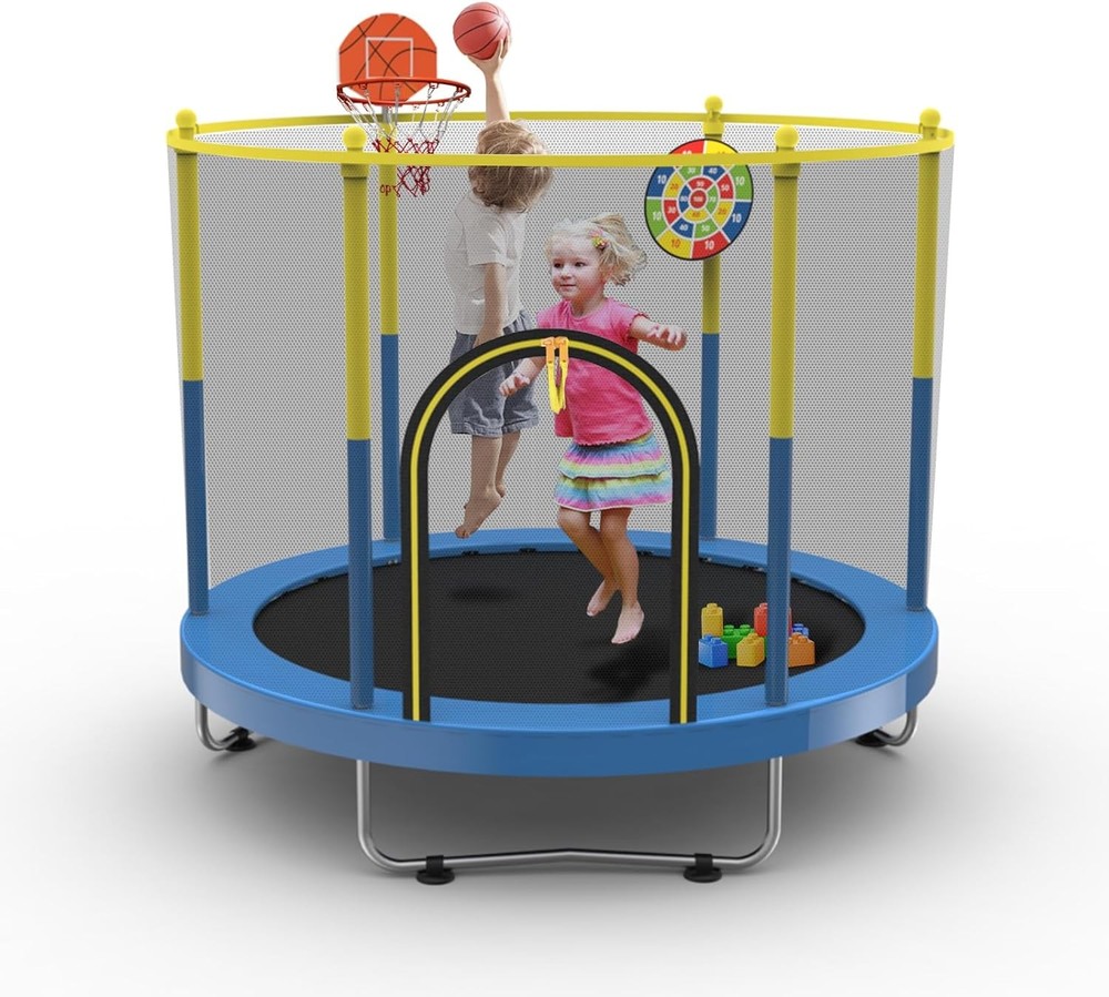 72″ Trampoline for Kids with Net Toddler Trampoline Basketball Hoop Dart Board