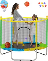 Juoe 55 Inch Trampoline Kids Enclosure 440lbs Safety Net Basketball Hoop
