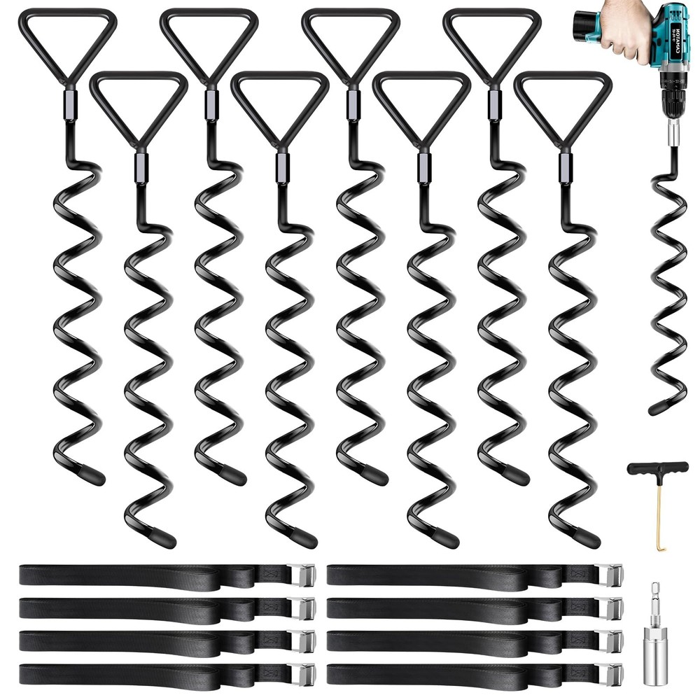 Trampoline Stakes Ground Anchors 8 Pack Heavy Duty Screw-in with Straps