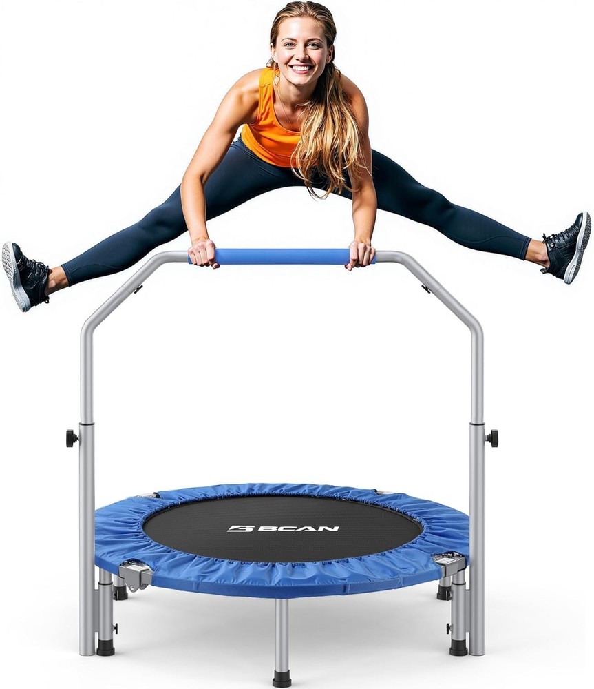 Foldable Fitness Trampoline Rebounder w Adjustable Handle Adult Exercise