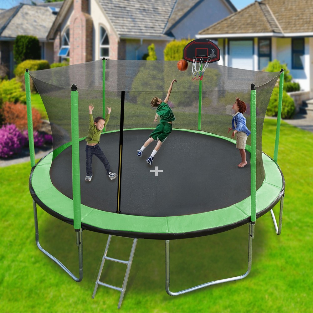 15FT Backyard Trampoline for Kids w/ Safety Enclosure Net Basketball Hoop Ladder
