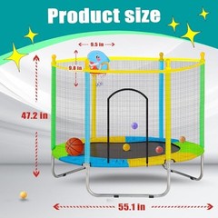 Juoe 55 Inch Trampoline Kids Enclosure 440lbs Safety Net Basketball Hoop
