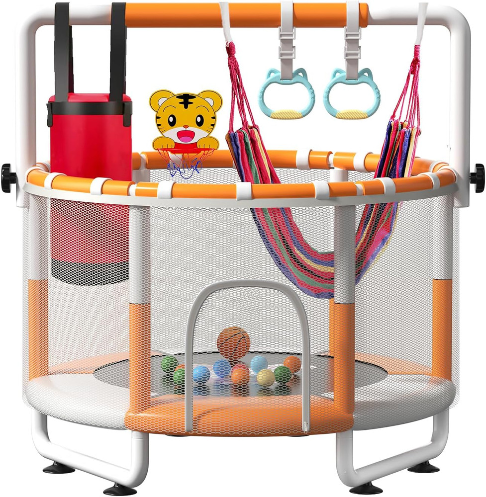 55″ Kids Indoor Trampoline with Safety Net, Adjustable Gymnastics Bar & Toys – I