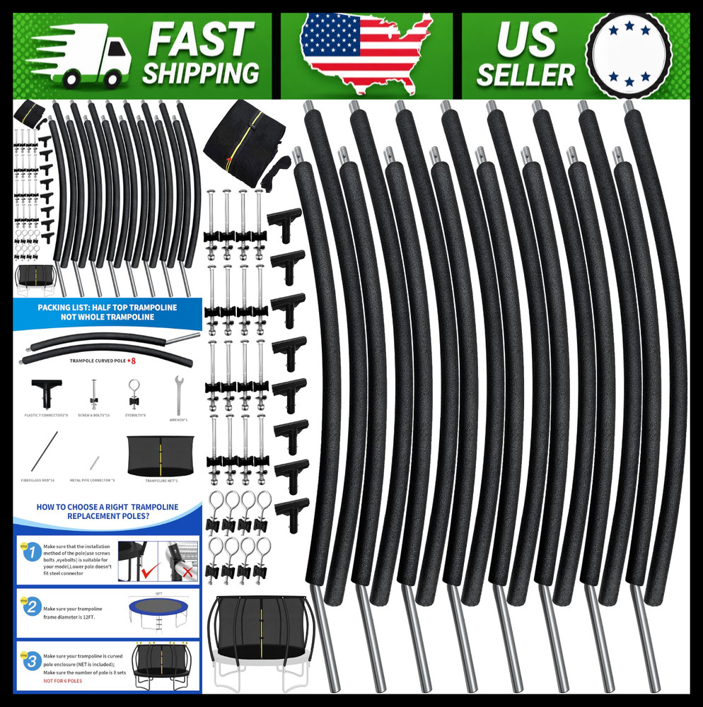 12 Ft Trampoline Curved Pole Replacement with Enclosure Net and Hardware