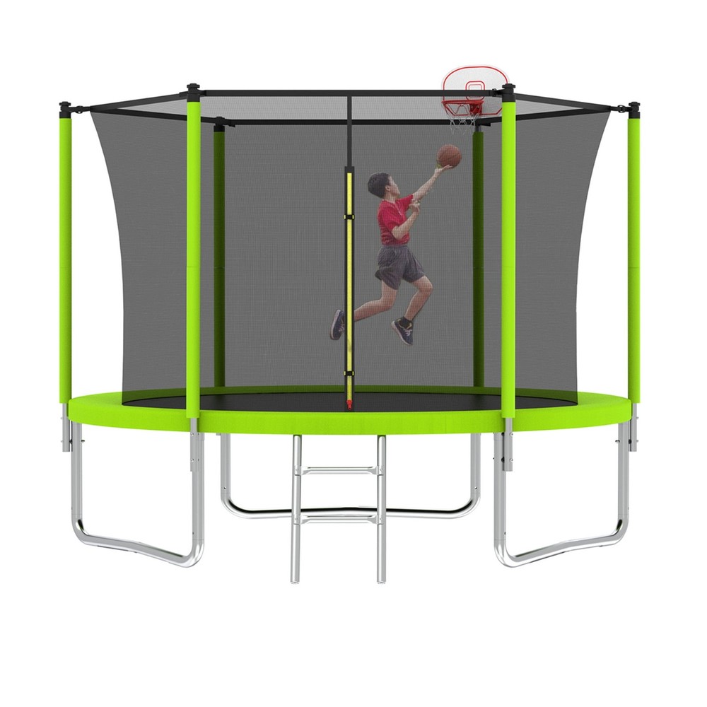 Kids 10Ft Round Trampoline with Basketball Hoop & Safety Net – Blue
