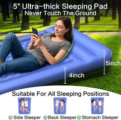 Double Sleeping Pad for Camping, Extra Thick 5 Inch Self-Inflating Full, Blue