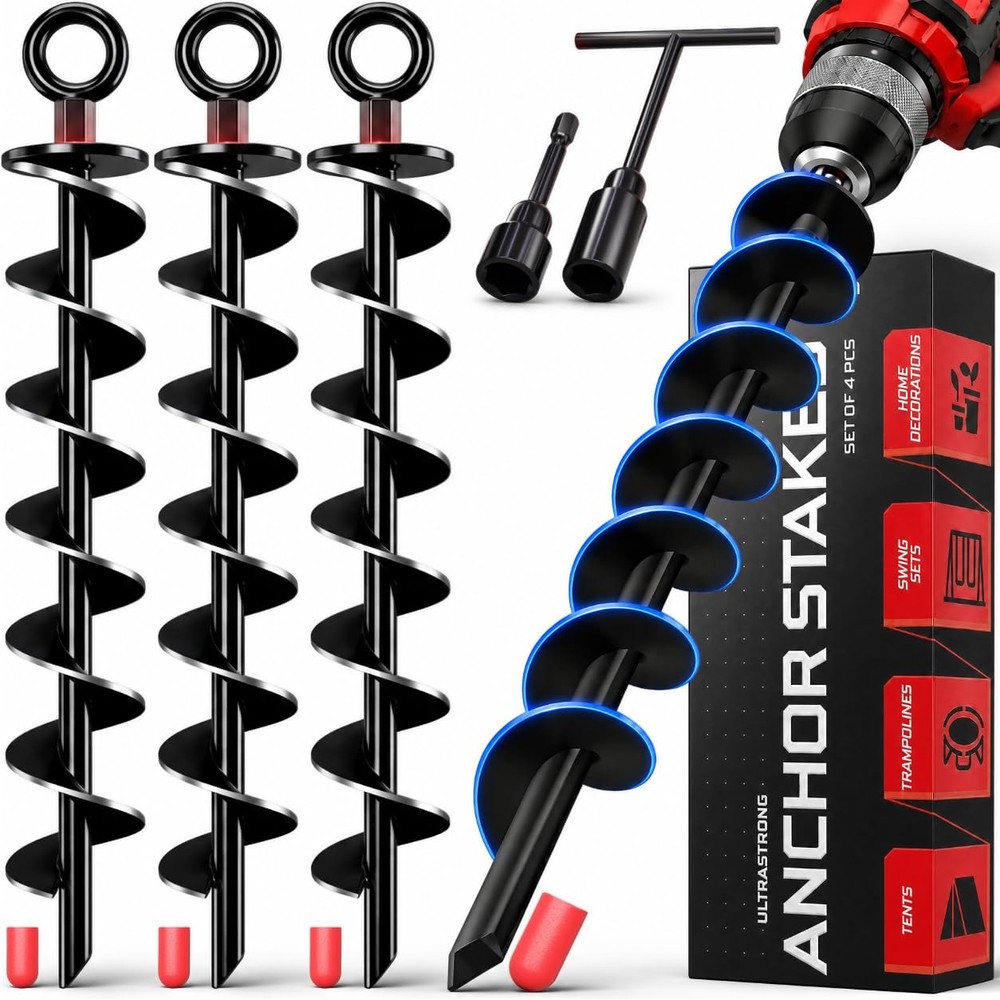 Spiral Trampoline Ground Stakes Anchors Heavy Duty Screw In Black 4 Pack