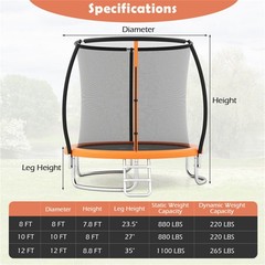 8FT Trampoline with Safety Enclosure Kids Adults 880LBS Capacity Outdoor Orange