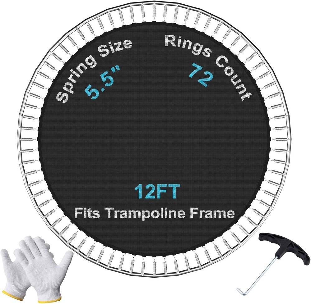 Trampoline Mat 12 Foot 72 Ring Replacement w/ Pull Hook Gloves 5.5-7 Inch Spring