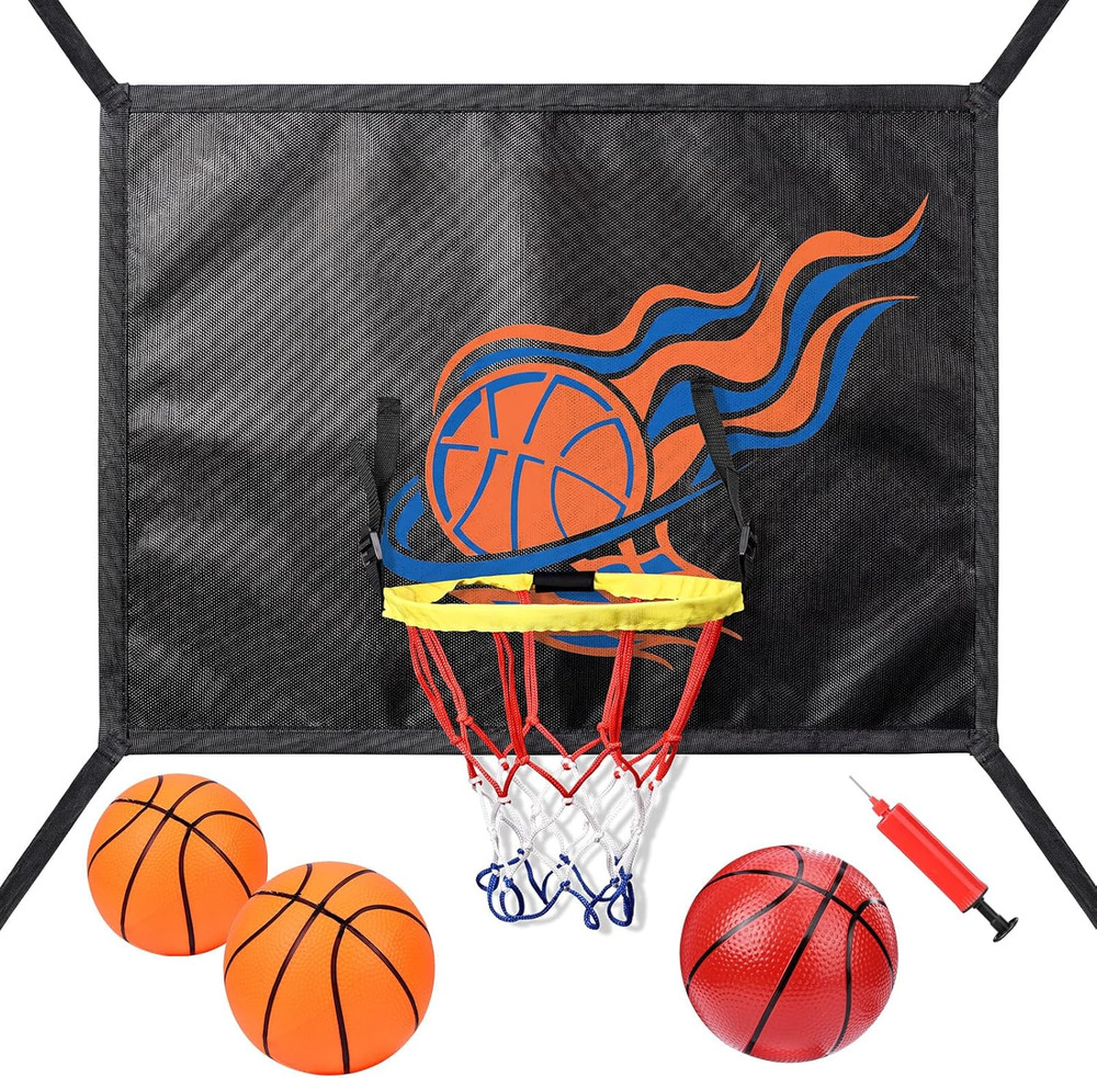 Trampoline Basketball Hoop Attachment, with 3 Basketballs and Pump & Hooks, Easy