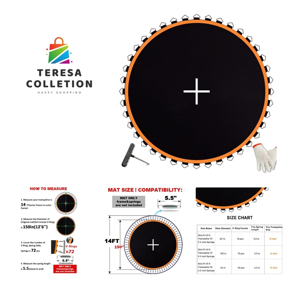 150 Inch Trampoline Replacement Mat Fits 14 ft Frame – V-Rings & Accessories