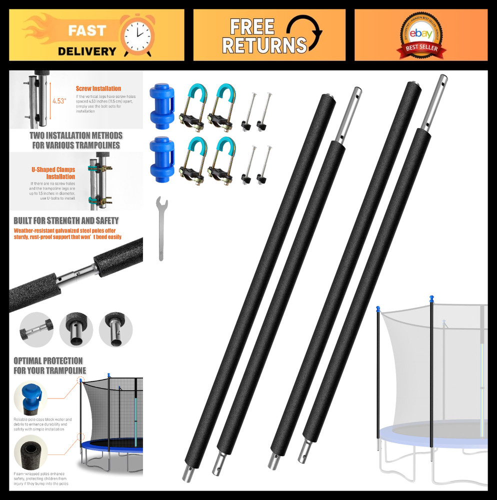 2PCS Universal Trampoline Replacement Poles Kit with Foam Sleeves & Caps, Fits 8