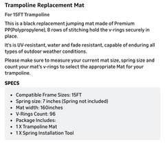 15 Foot Trampoline Map Replacement With 96 Hooks No Springs
