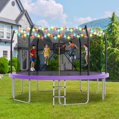 14ft Outdoor Trampoline with LED Lights and Basketball Hoop for Kids & Adults