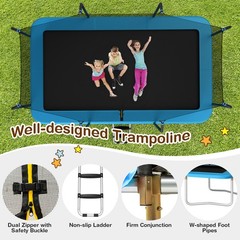 8x14FT Recreational Rectangular Trampoline w/ Safety Enclosure Net Ladder Blue