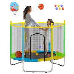 Juoe 55 Inch Trampoline Kids Enclosure 440lbs Safety Net Basketball Hoop