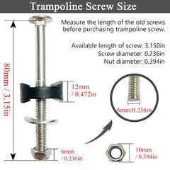 12 PCS Long Trampoline Screws 3.15 Inch, Anti-Loose Trampoline Bolts and Nuts