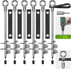 18” Ground Trampoline Anchors, 12mm Steel, 3” Spiral, Straps, 6 Pack, Chrome Pro