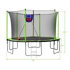 15FT Trampoline w/ Basketball Hoop, Safety Net & Ladder, ASTM Certified