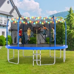 14ft Outdoor Trampoline with LED Lights and Basketball Hoop for Kids & Adults
