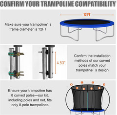 8PCS Trampoline Curved Pole and 12FT Trampoline Net, Universal Trampoline Replac