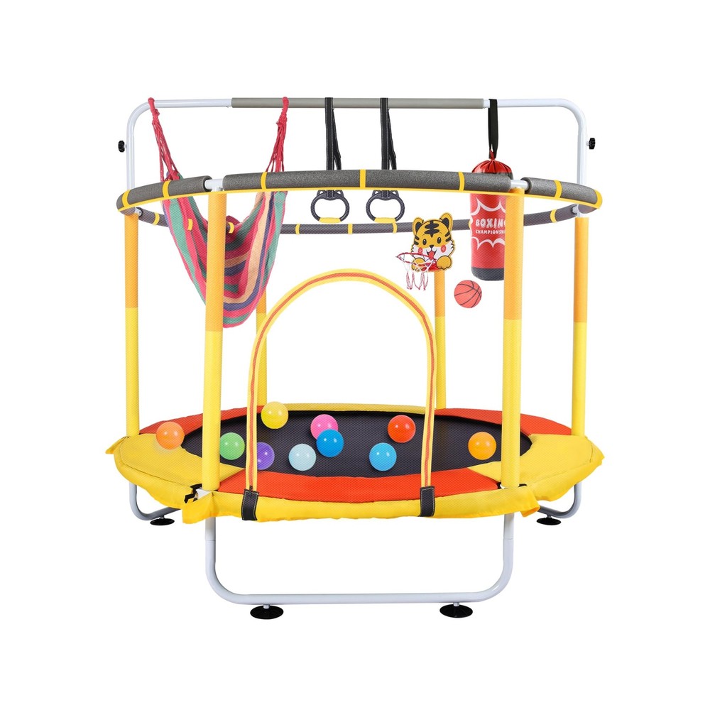 59 Inch Kids Trampoline with Safety Enclosure Net, Adjustable Gymnastics Bar,…