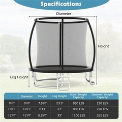 8FT Round Trampoline with Safety Enclosure Net 880LBS Capacity Kids Adults Black