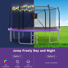 14ft Outdoor Trampoline with LED Lights and Basketball Hoop for Kids & Adults