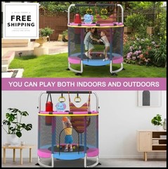 Indoor Trampoline 60 Inch Kids with Enclosure Gymnastics Bar Toys Basketball